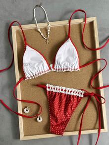 Swim Mod Women's Sweet INS Style Swimsuit Set, Halter Halter, Red Polka Dot & White Lace Trim - Multicolor - View 2