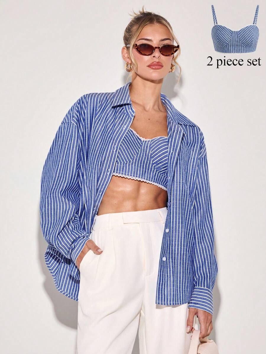 COSMINA Women's Elegant 2-Piece Set, Blue & White Striped Outfit, Long Sleeve Shirt And Camisole Top, 2026 New Arrival, Latest Fashion Combination, Versatile, Casual Wear, Spring Women's 2-Piece Set, Spring/Summer Outfit, All Season Set, Casual Matching, Loose Fit Shirt, Graceful Ladies 2-Piece Set - Blue and White - View 1