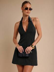 COSMINA Women's Elegant V-Neck Cinched Waist Mini Dress, Spring/Summer Black Pinstripe Dress, Black Dress Summer, Black Vacation Dress Deep V Neck Dress - Black - View 1