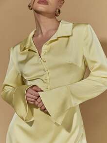 COSMINA 女士纯色简约长袖连衣裙，休闲日常穿着，衬衫领，开衩下摆，优雅女士连衣裙，派对礼服，婚礼宾客礼服，情人节礼服，约会礼服，浅黄色缎面连衣裙 - 淡黃色 - 查看 3