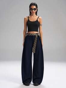 SHEIN EZwear Pantaloni palazzo larghi di colore unito alla moda, adatti per l'abbigliamento da pendolare, per donne in autunno/inverno in taglie comode - Blu Navy - Visualizzare 8