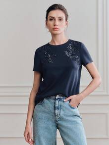 Anewsta Women's Elegant Sequin Embroidered Short Sleeve T-Shirt, Fitted Crew Neck Knit Top, Casual Office Wear - Navy Blue - View 1