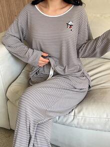 DAZY 2pcs/Set Women Cartoon Pattern Striped Loose Long Sleeve T-Shirt And Pants Casual Suit - Grey - View 3