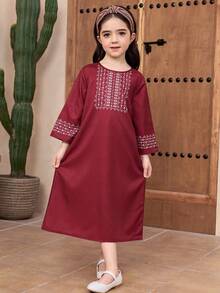 少女几何印花宽松休闲喇叭袖连衣裙，日常穿着 - 紅色 - 查看 6