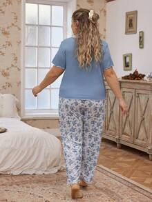 SHEIN Plus Size Romantic V-Neck Button Decor Lace Trim Floral Print Short Sleeve Pajama Set - Multicolor - View 2