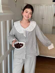 Dazy Plus Conjunto de pijama de talla grande para mujer con top de manga larga holgado con cuello de volantes asimétrico y pantalón recto, para primavera/verano/otoño - Gris - Ver 5