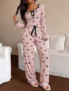 Dream Adore Polka Dot Print Long Sleeve & Pants Women Casual Pajama Set Polka Dot Pajama Set Pajama Pink