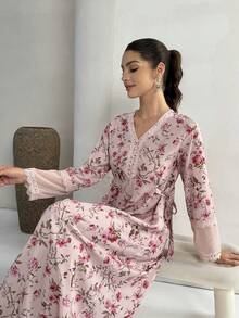 Yasmyna Abito elegante da donna con scollo a V, in in rete con inserti floreali - Rosa - Visualizzare 4