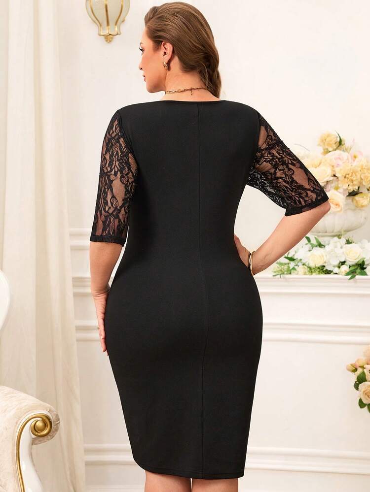 Plus Size Lace Patchwork Black Bodycon Dress For Summer/Elegant/ Vacation Plus Size Black Elegant Dress Black Elegant Dress Curve Elegant Midi Dress Bodycon Plus Size Dress Lace Sleeve Elegant Dress