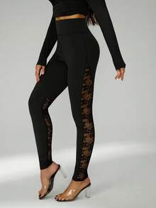 SHEIN Tall Women's Exaggerated Flare Lace Sheer Long Pants,Fall - Black - View 8