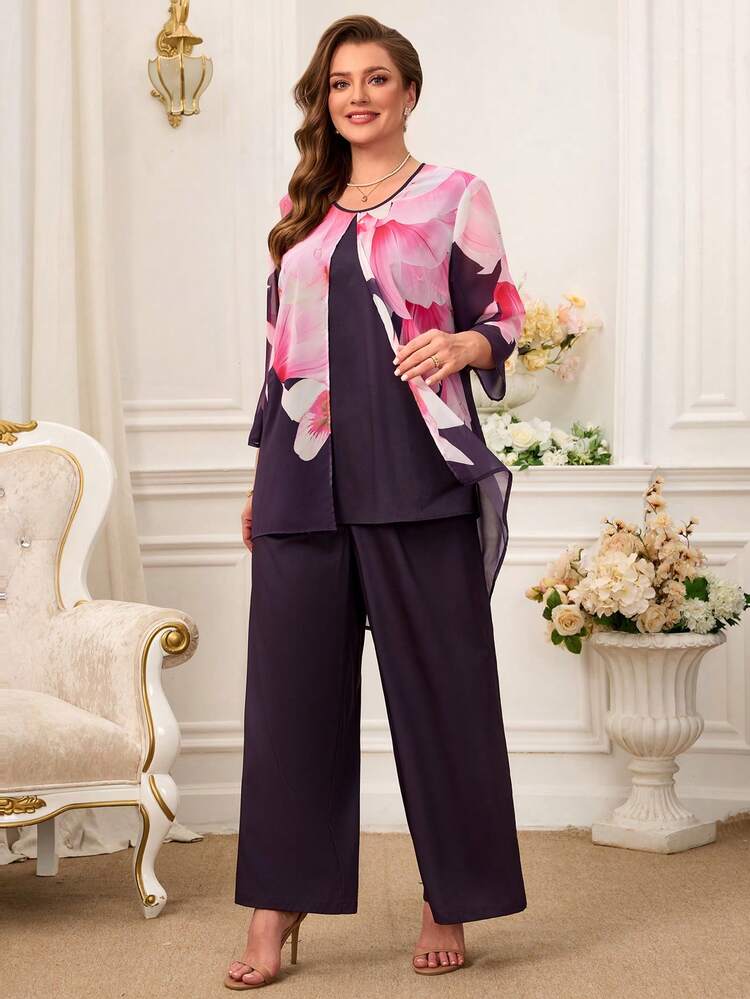 Plus Size Elegant Commuter Floral Print Shirt & Pants 2 Pieces Set For Summer/ Vacation Three Piece Sets For Women Pant Suit Set Plus Women Suit Sets Blouse And Pants Set Purple Sets For Women
