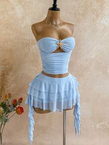 Soleia Women's Vacation Blue Strapless Metal Starfish Bandeau & Lace Mini Skirt 2 Pieces Set Blue Skirt Set Summer Two Piece Set Beach Two Piece Set Summer Skirt Set Summer Spring Valentine's Day Casual Vacation  Beach Wedding Birthday Going Out Elegant Casual Vacation - Multicolor - View 6