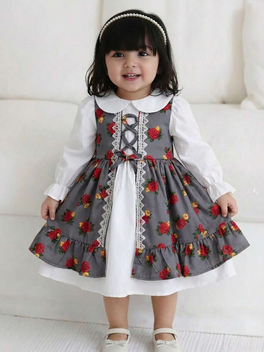 SHEIN Rochie arabă gri cu mânecă lungă pentru fetițe, cu imprimeu floral cu trandafiri și garnitură albă, elegantă, vintage, brodată cu motive florale, rochie arabă tradițională minimalistă, casual, cu mânecă lungă, pentru fetițe, potrivită pentru primăvară/vară, rochie elegantă și modestă cu mânecă lungă, Abaya de rugăciune, confort ușor, ținută casual, vibrații de vacanță, kaftan modest, Jalabiya pentru fetițe, Abaya Jalabiya pentru fetițe, Jalabiya pentru fetițe - Gri - Vizualizare 1