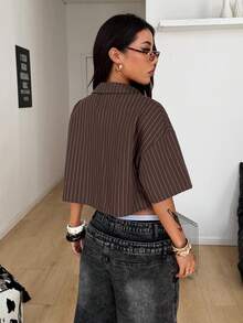 Coolane Women's Spring/Summe Vintage Preppy Crop Plaid Loose Crop Tops Red Shirt For New Years - Coffee Brown - View 6