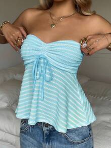 CovetEZ Blue Striped Ruched Bandeau Top, Summer