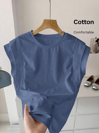 SHEIN LUNE Women's Solid Color Round Neck Cap Sleeve Casual Loose T-Shirt