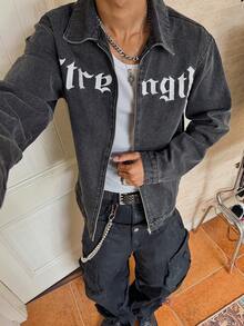 Manfinity EMRG 休闲街头风水洗黑色修身牛仔夹克，饰有哥特式文字刺绣，秋冬款 - 黑色 - 查看 1