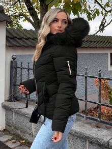 Jeta Ari Abrigo acolchado con capucha, cuello con cremallera, parche de unicolor y textura suave para mujer, para el invierno - Negro - Ver 6