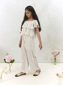 SUMWON Striped Off Shoulder Ruffle Top And Wide Leg Palazzo Pants Co Ord Set Summer Vacation Outfit Festive Occasionwear Casual - Apricot - View 1