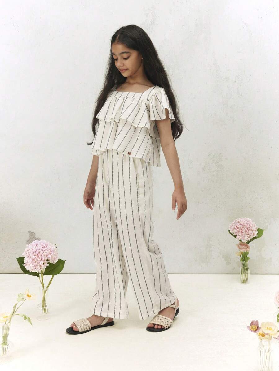 SUMWON Striped Off Shoulder Ruffle Top And Wide Leg Palazzo Pants Co Ord Set Summer Vacation Outfit Festive Occasionwear Casual - Apricot - View 1