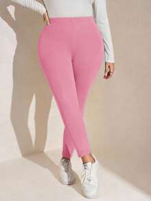 SHEIN LUNE Quần legging nữ cỡ lớn, màu trơn, cạp chun, kiểu dáng thường ngày, lót giữ nhiệt. - Hồng - Xem 5