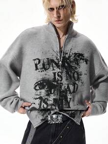 ROMWE MEN Street Life Men's Eye & Letter Print Stand Collar Zip-Up Long Sleeve Knit Cardigan Sweater