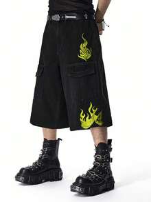 ROMWE MEN Street Life Spring/Summer Casual Graphic Men'S Flame Embroidery Cargo Denim Shorts - Black - View 6