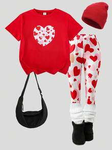 Elladie kids 少女爱心印花圆领短袖T恤和裤子休闲套装 - 紅色 - 查看 3