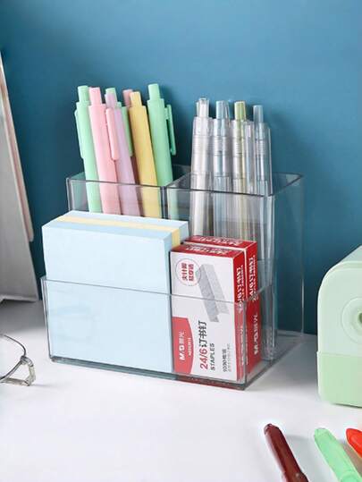 1 Peça Organizador de Mesa de Escritório com 3 Compartimentos em Acrílico Transparente, Caixa Organizadora de Suprimentos para Estudantes, Armazenamento de Pincéis de Maquiagem, Acessórios de Cosméticos, Organização de Escritório Doméstico, Acessório Essencial em Alta