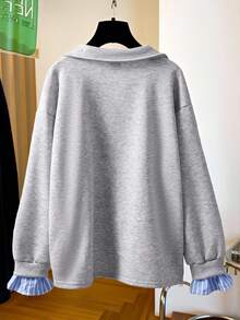 Girls Casual 2 In 1 Sweatshirt, Light Gray Polo Collar V-Neck, Blue & White Striped Trim On Collar & Cuffs, Loose Dropped Shoulder, Versatile Long Sleeve Top - Grey - View 2