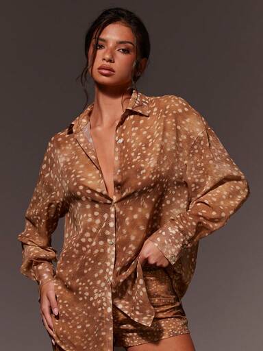 SHEIN X GALILEA Athîral Women's Brown Summer Casual Deer Print Loose-Fitting Shirt,Long-Sleeved Semi-Sheer Graphic Blouses For Brunch,Vacation,Beach,Spring & Summer Holidays