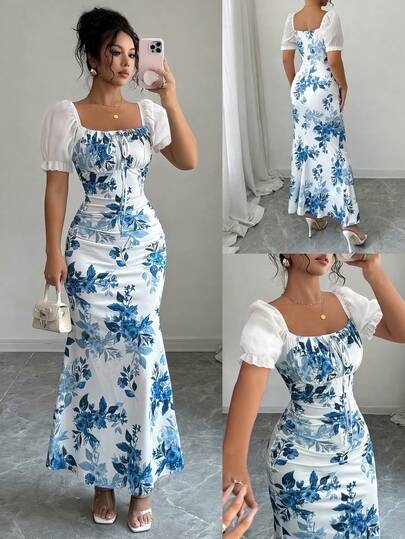 Elenzga 新款女士方领蝴蝶结雪纺拼接泡泡袖连衣裙，适合约会、聚会、日常穿着，收腰设计，显瘦优雅，尽显青春活力，及踝长度