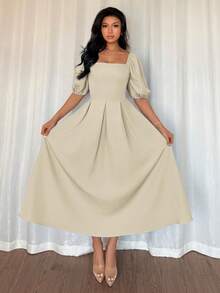 Elenzga 女士优雅简约纯色圆领荷叶边下摆A字泡泡袖短袖连衣裙，适合通勤、办公、商务、休闲、度假、下午茶、派对等场合。 - 卡其色 - 查看 7