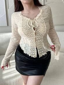 Dazy Plus V-Neck Contrast Lace Sexy Flare Sleeve Long Sleeve Apricot T-Shirt - Apricot - View 2