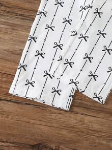 2pcs/Set, Young Girl Cute Minimalist Black Bowknot Print Bubble Sleeve Top & Bowknot Print Wide-Leg Pants Set - Fresh Summer Vacation Outfit, Perfect For Beach Trips, Travel & Summer Holidays - Black and White - View 8