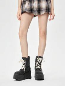 ROMWE Kawaii Giày bốt cổ ngắn đế cao, buộc dây, kiểu punk gothic Y2K dành cho nữ, thích hợp cho ngày Valentine. - Màu xám - Xem 3