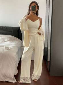 DAZY 3pcs Lace Patchwork Robe, Cami Top & Pants Women Sleepwear Pajama Set, Fall Winter Clothes Pajama