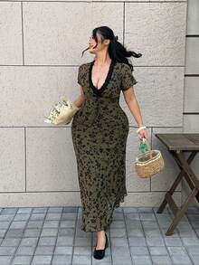 SHEIN EZwear Váy ren vá cổ chữ V cỡ lớn màu xanh lá cây giản dị dành cho nữ - màu xanh lá - Xem 4