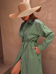 Casual Style Effortless, Linen Look Button Through And Drawstring Belt Detailed Maxi Shirt Dress - Army Green - View 6