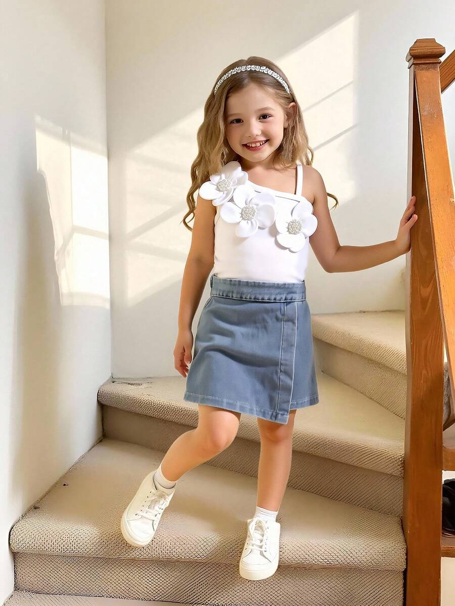 Bộ đồ thể thao thường ngày cho bé gái, gồm áo hai dây không tay dáng ngắn, màu trơn, họa tiết hoa 3D và quần short denim cạp chun, thích hợp mặc ở nhà, đi chơi, nghỉ hè. - trắng - Xem 1