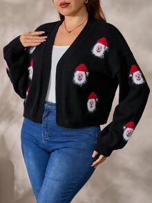 EMERY ROSE Autumn/Winter New V-Neck Long Sleeve Christmas Atmosphere Loose Knit Cardigan With 3D Faux Fur Santa Claus Pattern For Women - Multicolor - View 3