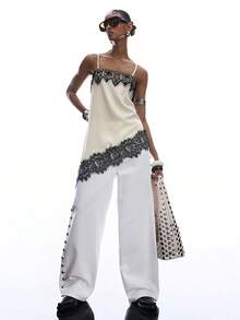 LYSMO 2026 New Arrive Minimalism Spring/Summer Women's Contrast Lace Asymmetric Hem Fashion Camisole - Beige - View 7