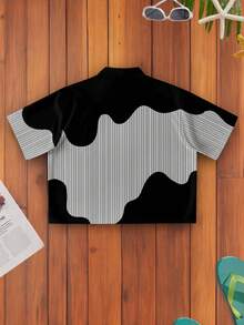 Manfinity Hypemode Plus Size Loose Short Sleeve Shirt,Black And White Striped,Summer,Streetwear,Holiday,Vacation,Asymmetrical Color Block Patchwork Texture Casual Print - Black - View 2