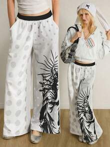 Shutterstock Y2Kool 女士白色和灰色Y2K风格波点渐变色块人像和心形剑印花休闲裤，阔腿裤，夏季音乐会女装，春季生日派对女装，嘉年华女装 - 彩色 - 查看 1
