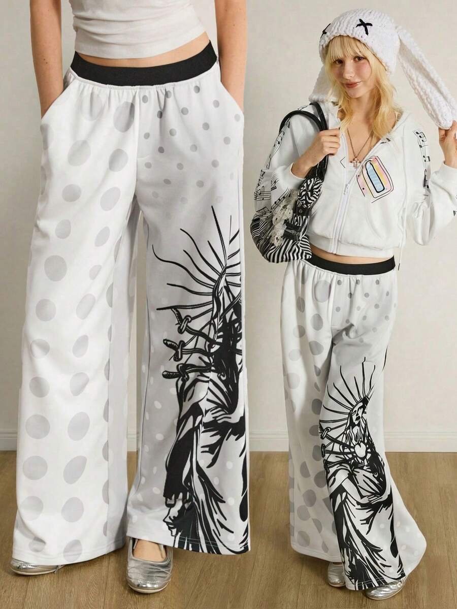 Shutterstock Y2Kool 女士白色和灰色Y2K风格波点渐变色块人像和心形剑印花休闲裤，阔腿裤，夏季音乐会女装，春季生日派对女装，嘉年华女装 - 彩色 - 查看 1