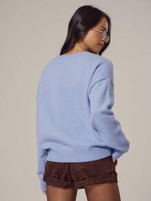 MUSERA 压纹标语宽松毛衣，春季款，少女风，日常休闲可爱风 - 藍色 - 查看 4
