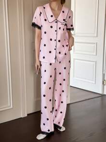 SHEIN Napfluff 仿丝绸波点饰边开衫睡衣套装 - 粉色 - 查看 5