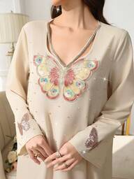 Yasmyna فستان أنيق للنساء مزين بترتر وخرز على شكل فراشة، بطرز عربي، خريفي