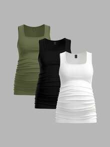 Modmama 3pcs Tank Top Wanita Hamil Warna Polos yang Melangsingkan, Kasual & Sederhana, Sempurna untuk Musim Panas - Hijau Tentara - View 5