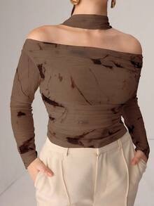 Modelyn Autumn Knitted Sexy Sheer Mesh Ribbon Print T-Shirt - Brown - View 7